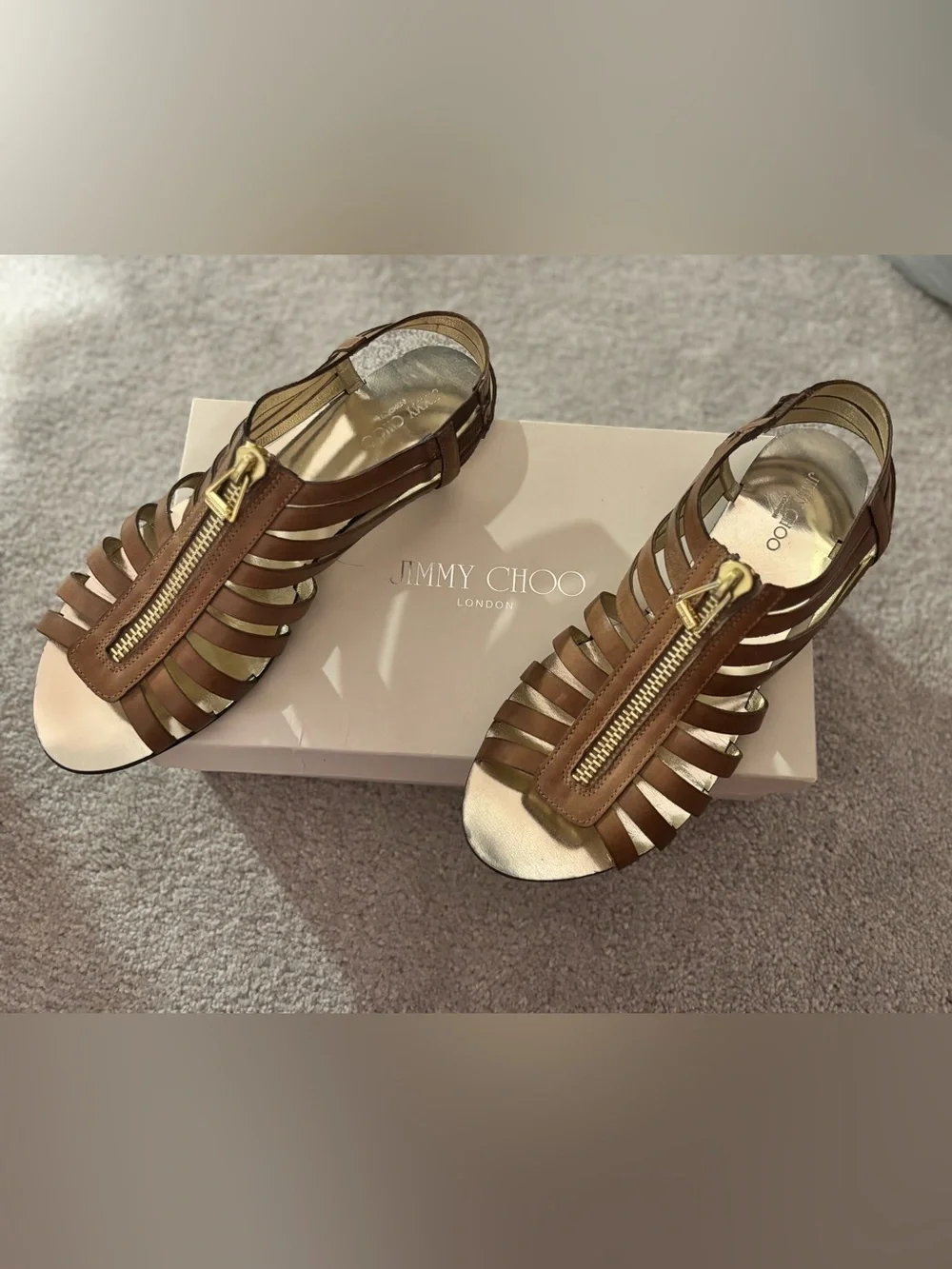 Jimmy Choo Wish Brown Leather Zip Gladiator Sandals w/ Box Size 38.5 / 8.5